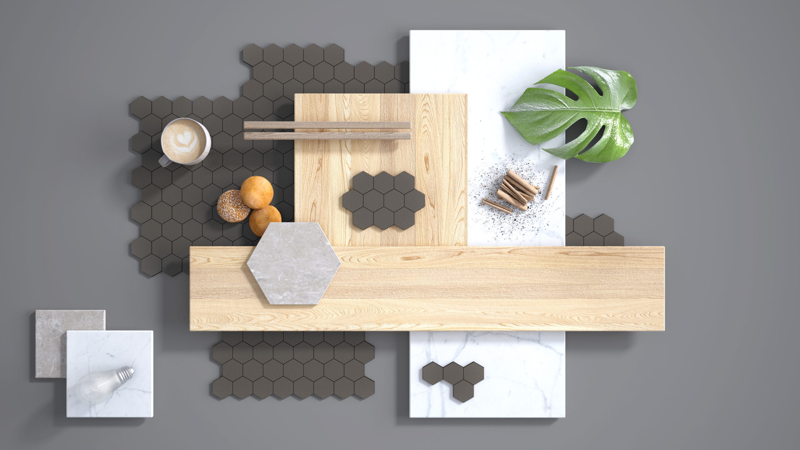 Minimal gray background, copy space, marble slab, wooden planks, cutting board, mosaic tiles, plant leaf, cappuccino, cookies, cinnamon. Kitchen interior design concept, mood board